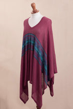 Load image into Gallery viewer, Cotton Blend Poncho in Cerise and Blue from Peru - Andean Charm | NOVICA