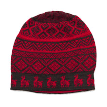Load image into Gallery viewer, Black and Crimson Red Diamond Motif Alpaca Blend Knit Hat - Alpaca Parade in Red | NOVICA