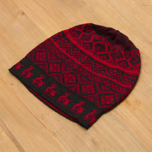 Load image into Gallery viewer, Black and Crimson Red Diamond Motif Alpaca Blend Knit Hat - Alpaca Parade in Red | NOVICA