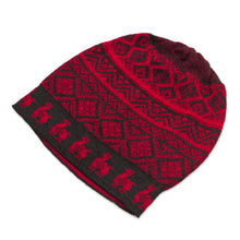 Load image into Gallery viewer, Black and Crimson Red Diamond Motif Alpaca Blend Knit Hat - Alpaca Parade in Red | NOVICA