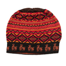 Load image into Gallery viewer, Black Red and Orange Diamond Motif Alpaca Blend Knit Hat - Alpaca Sunset | NOVICA