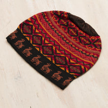 Load image into Gallery viewer, Black Red and Orange Diamond Motif Alpaca Blend Knit Hat - Alpaca Sunset | NOVICA
