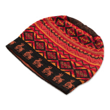 Load image into Gallery viewer, Black Red and Orange Diamond Motif Alpaca Blend Knit Hat - Alpaca Sunset | NOVICA