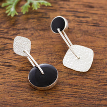 Load image into Gallery viewer, Obsidian and Textured Sterling Silver Dangle Earrings - Midnight in Motion | NOVICA
