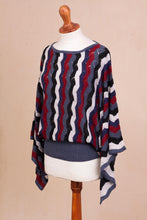 Load image into Gallery viewer, Cranberry and Blue Wavy Vertical Stripe Alpaca Blend Sweater - Make Waves | NOVICA