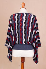 Load image into Gallery viewer, Cranberry and Blue Wavy Vertical Stripe Alpaca Blend Sweater - Make Waves | NOVICA