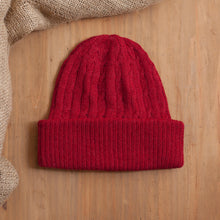 Load image into Gallery viewer, Crimson Red 100% Alpaca Soft Cable Knit Hat from Peru - Comfy in Red | NOVICA