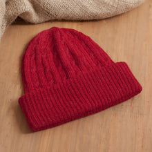 Load image into Gallery viewer, Crimson Red 100% Alpaca Soft Cable Knit Hat from Peru - Comfy in Red | NOVICA