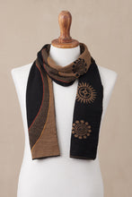 Load image into Gallery viewer, Reversible Sepia and Black Sun Motif Alpaca Blend Scarf - Sepia and Black Cosmovision | NOVICA