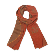 Load image into Gallery viewer, Sun Motif Sepia and Pumpkin Alpaca Blend Scarf from Peru - Pumpkin and Sepia Cosmovision | NOVICA