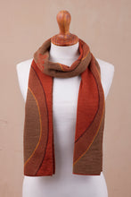 Load image into Gallery viewer, Sun Motif Sepia and Pumpkin Alpaca Blend Scarf from Peru - Pumpkin and Sepia Cosmovision | NOVICA
