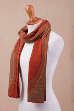 Load image into Gallery viewer, Sun Motif Sepia and Pumpkin Alpaca Blend Scarf from Peru - Pumpkin and Sepia Cosmovision | NOVICA