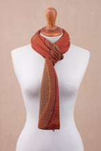 Load image into Gallery viewer, Sun Motif Sepia and Pumpkin Alpaca Blend Scarf from Peru - Pumpkin and Sepia Cosmovision | NOVICA