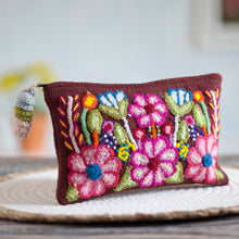 Load image into Gallery viewer, Handwoven Floral Wool Clutch in Mahogany from Peru - Peruvian Bouquet | NOVICA