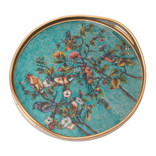 Load image into Gallery viewer, Floral Reverse-Painted Glass Tray in Turquoise from Peru - Birds of Spring | NOVICA