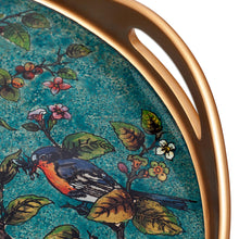 Load image into Gallery viewer, Floral Reverse-Painted Glass Tray in Turquoise from Peru - Birds of Spring | NOVICA