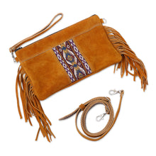 Load image into Gallery viewer, Fringed Wool Accented Suede Handbag in Golden Brown - Golden Brown Fringe | NOVICA
