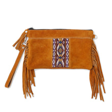 Load image into Gallery viewer, Fringed Wool Accented Suede Handbag in Golden Brown - Golden Brown Fringe | NOVICA
