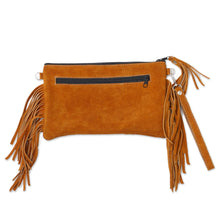 Load image into Gallery viewer, Fringed Wool Accented Suede Handbag in Golden Brown - Golden Brown Fringe | NOVICA
