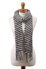 Load image into Gallery viewer, Black and White Alpaca Blend Hand Crocheted Scarf from Peru - Hint of Houndstooth | NOVICA