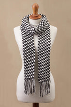 Load image into Gallery viewer, Black and White Alpaca Blend Hand Crocheted Scarf from Peru - Hint of Houndstooth | NOVICA