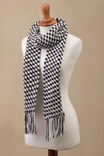 Load image into Gallery viewer, Black and White Alpaca Blend Hand Crocheted Scarf from Peru - Hint of Houndstooth | NOVICA
