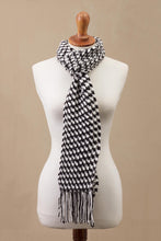 Load image into Gallery viewer, Black and White Alpaca Blend Hand Crocheted Scarf from Peru - Hint of Houndstooth | NOVICA