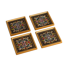 Load image into Gallery viewer, Floral Reverse-Painted Glass Coasters (Set of 4) - Colonial Intricacy | NOVICA