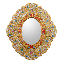 Load image into Gallery viewer, White and Gold Floral Reverse-Painted Glass Wall Mirror - Floral White | NOVICA