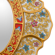 Load image into Gallery viewer, White and Gold Floral Reverse-Painted Glass Wall Mirror - Floral White | NOVICA