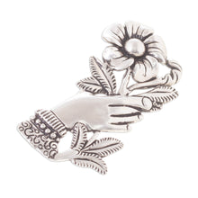 Load image into Gallery viewer, Peruvian Silver Brooch of a Hand Clutching a Flower - Natural Universe | NOVICA