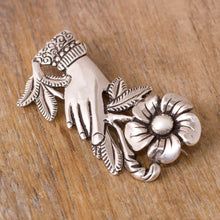 Load image into Gallery viewer, Peruvian Silver Brooch of a Hand Clutching a Flower - Natural Universe | NOVICA