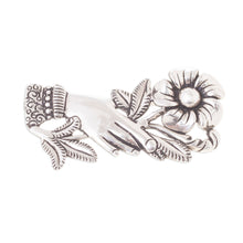 Load image into Gallery viewer, Peruvian Silver Brooch of a Hand Clutching a Flower - Natural Universe | NOVICA