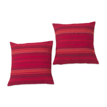 Load image into Gallery viewer, Striped Alpaca Blend Cushion Covers in Crimson (Pair) - Striped Style | NOVICA