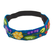 Load image into Gallery viewer, Embroidered Floral Wool Headband in Teal from Peru - Teal Garden | NOVICA
