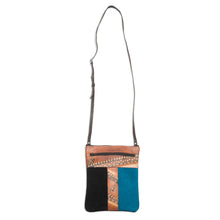 Load image into Gallery viewer, Brown and Teal Llama Pattern Leather Accented Suede Sling - The Llama Way | NOVICA