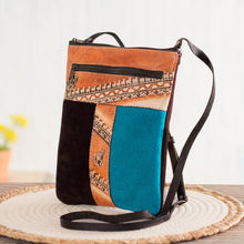 Load image into Gallery viewer, Brown and Teal Llama Pattern Leather Accented Suede Sling - The Llama Way | NOVICA