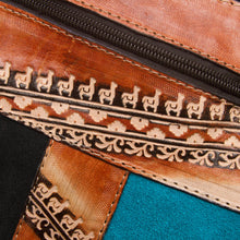 Load image into Gallery viewer, Brown and Teal Llama Pattern Leather Accented Suede Sling - The Llama Way | NOVICA