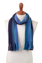 Load image into Gallery viewer, Multicolor Blue and Teal Striped 100% Alpaca Knit Scarf - Evening Sky Stripes | NOVICA