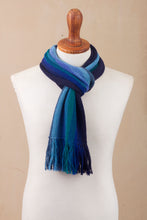 Load image into Gallery viewer, Multicolor Blue and Teal Striped 100% Alpaca Knit Scarf - Evening Sky Stripes | NOVICA