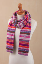 Load image into Gallery viewer, Lilac and Fuchsia and White 100% Alpaca Knit Scarf - Inca Blooms | NOVICA