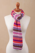 Load image into Gallery viewer, Lilac and Fuchsia and White 100% Alpaca Knit Scarf - Inca Blooms | NOVICA