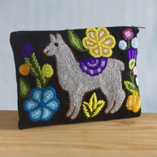 Load image into Gallery viewer, Llama Motif Black Wool Cosmetic Bag from Peru - Llama Glam in Grey | NOVICA