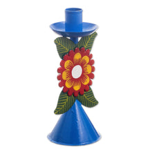 Load image into Gallery viewer, Sky Blue Recycled Metal Candlestick with Flower - Andean Flora in Sky Blue | NOVICA