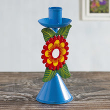 Load image into Gallery viewer, Sky Blue Recycled Metal Candlestick with Flower - Andean Flora in Sky Blue | NOVICA