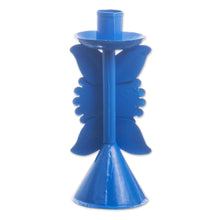 Load image into Gallery viewer, Sky Blue Recycled Metal Candlestick with Flower - Andean Flora in Sky Blue | NOVICA
