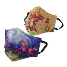 Load image into Gallery viewer, 3-Layer Cotton Blend Nose Clip Animal Print Masks (Pair) - Fantasy Animals | NOVICA