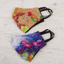 Load image into Gallery viewer, 3-Layer Cotton Blend Nose Clip Animal Print Masks (Pair) - Fantasy Animals | NOVICA