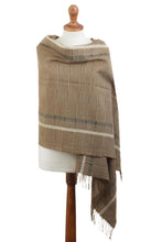 Load image into Gallery viewer, Handwoven Patterned Sepia Brown Baby Alpaca Shawl - Sepia Windowpanes | NOVICA