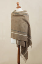 Load image into Gallery viewer, Handwoven Patterned Sepia Brown Baby Alpaca Shawl - Sepia Windowpanes | NOVICA